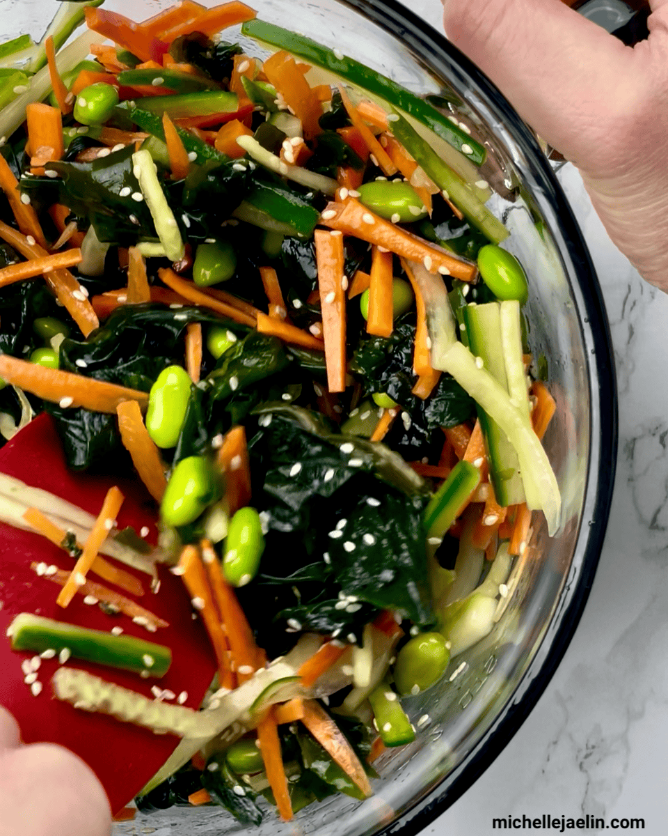 close up of wakame seaweed salad in a large bowl