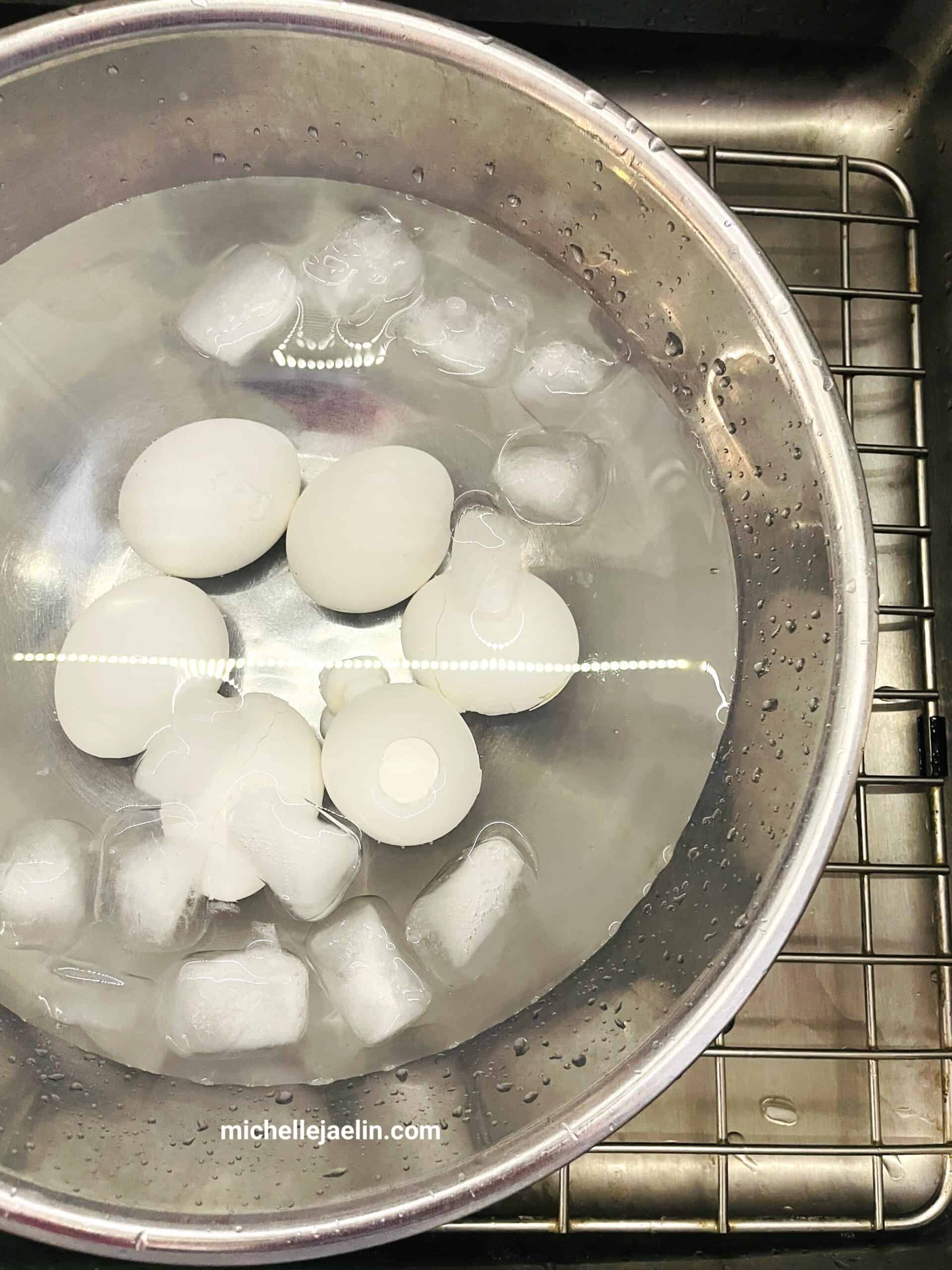 boiled eggs in an ice water bath
