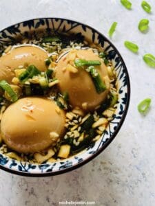 marinated boiled eggs in a bowl