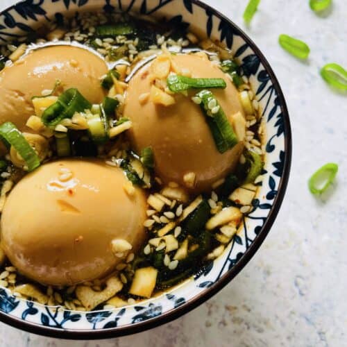 marinated boiled eggs in a bowl