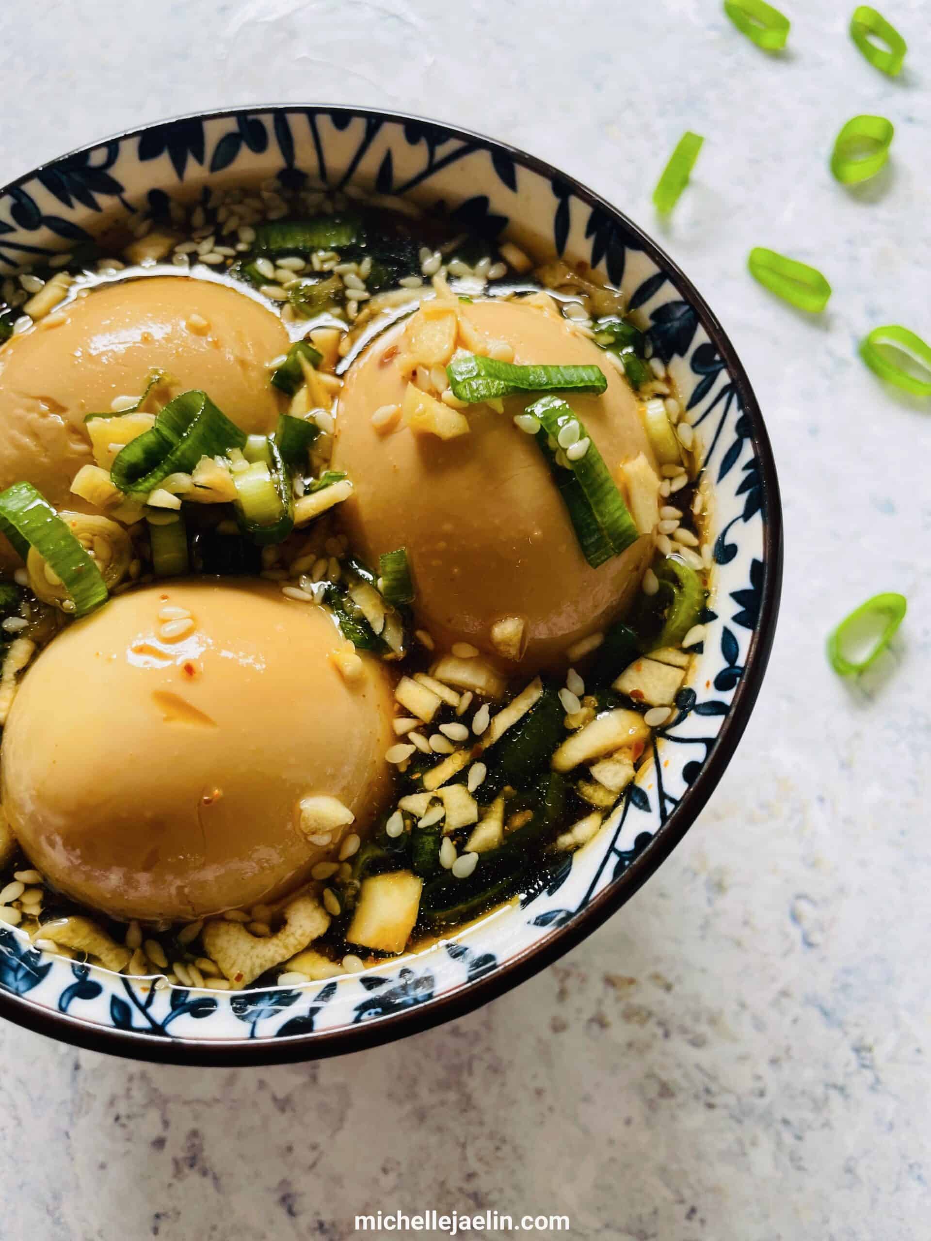 marinated boiled eggs in a bowl