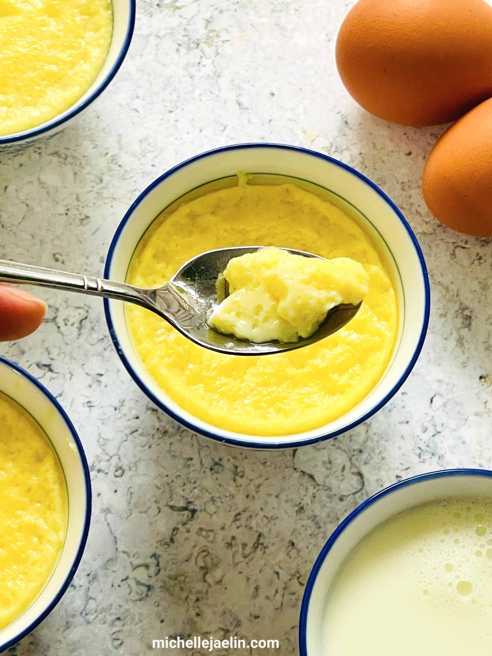 Chinese Egg Custard Dessert recipe with spoonful of the dessert