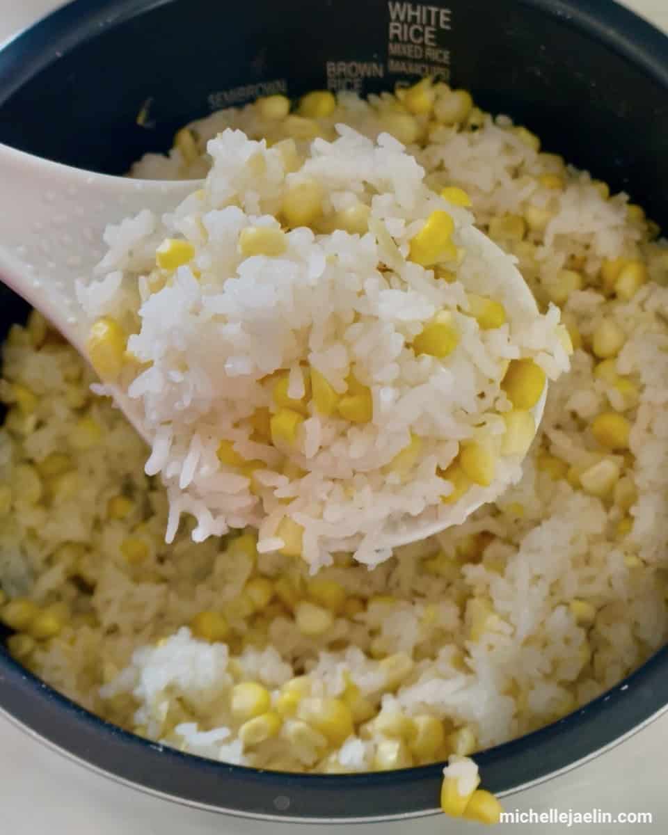 Close up of cooked white rice and corn on a rice paddle
