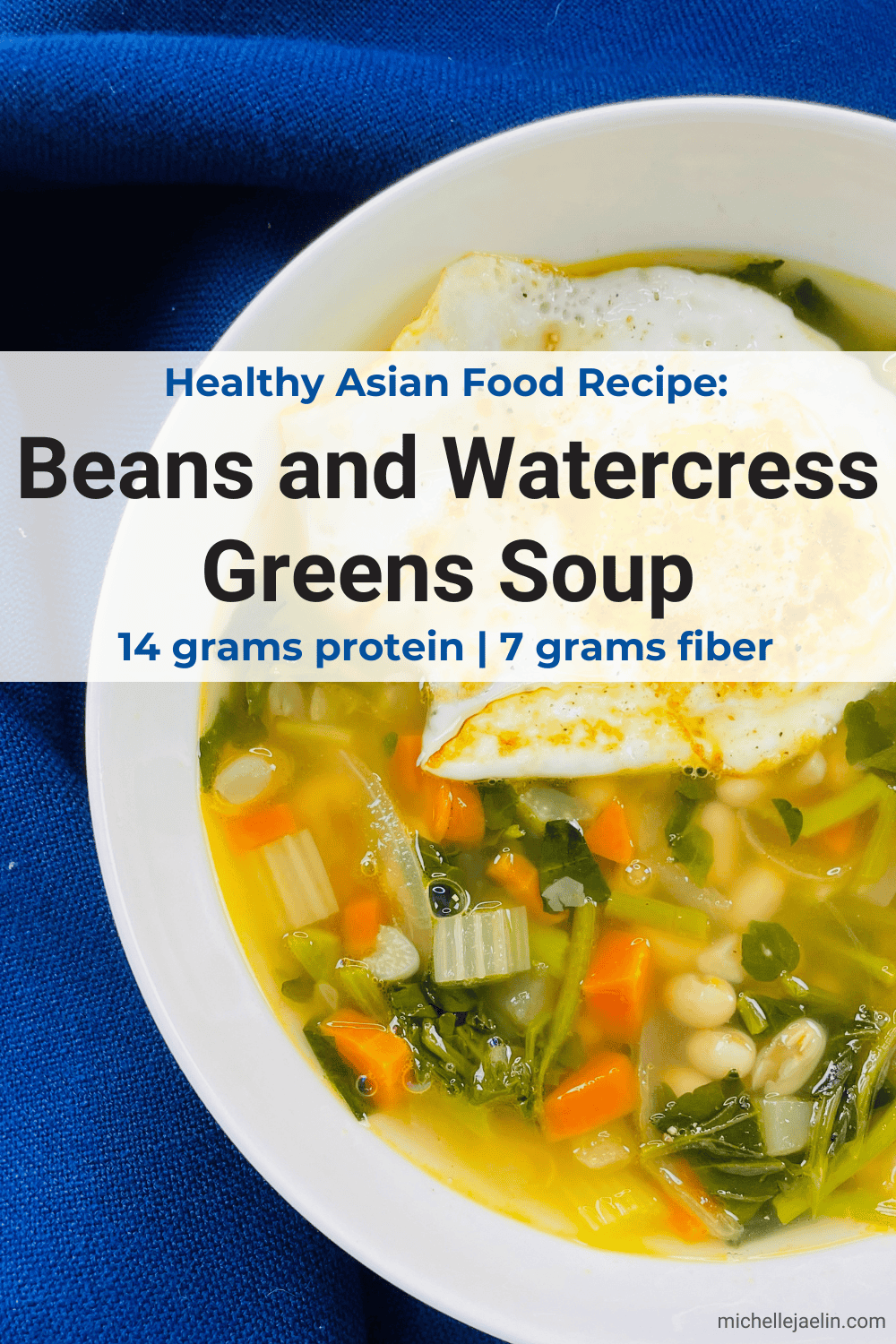 Beans and watercress greens soup in bowl with text on top - Pinterest photo 