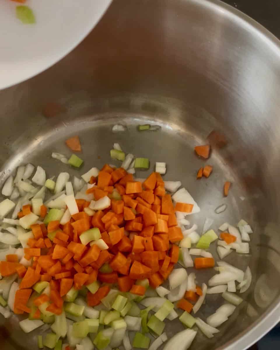 Close up of onions, carrots, celery and garlic being added to a large pot