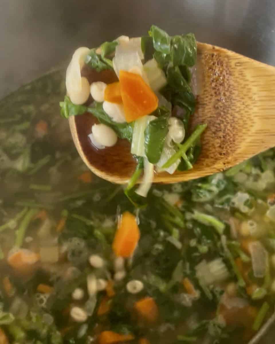 Close up of tender watercress greens, beans and vegetables on a wooden spoon